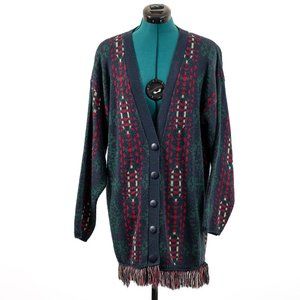 Vintage 90s Knit Cardigan Sweater Navy Green Red Fringe Button Up V Neck Retro W